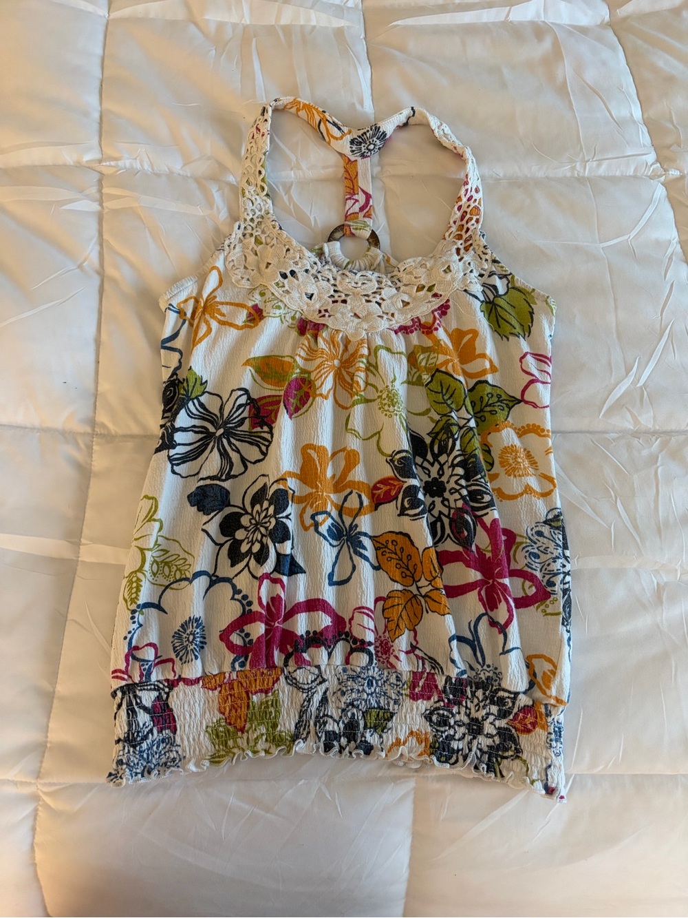 Self Esteem White Floral Crochet Yoke Camisole with Multicolor Print